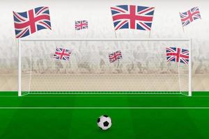 fans de l'équipe de football du royaume-uni avec des drapeaux du royaume-uni acclamant le stade, concept de coup de pied de pénalité dans un match de football. vecteur