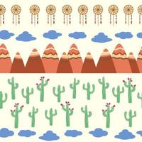 belle illustration de modèle de désert sans couture vintage. paysage avec cactus, montagnes, nuages, dreamcatcher vecteur