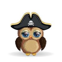 hibou pirate, personnage de dessin animé du jeu, un oiseau dans un bandana et un bicorne avec un crâne, avec un cache-œil. personnage à l'oeil vif. vecteur