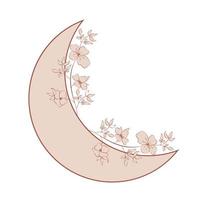 beau croissant de lune romantique avec des fleurs et des feuilles de rose ou de pivoine. vecteur