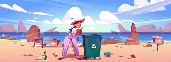 femme ramasse les ordures dans la poubelle sur la plage de la mer vecteur