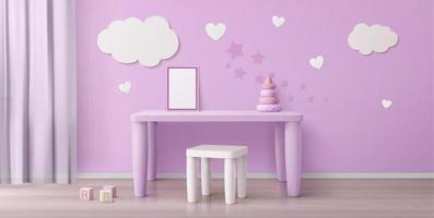 chambre d'enfant avec table rose, chaise et affiche blanche