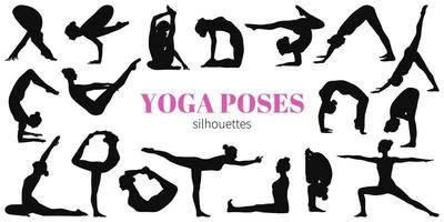 ensemble de silhouettes féminines faisant des exercices de yoga et de fitness. mode de vie sain. diverses positions de yoga. isolé sur fond blanc. vecteur