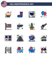 joyeux jour de l'indépendance 4 juillet ensemble de 16 lignes remplies à plat pictogramme américain du drapeau uni fête du drapeau célébrer les éléments de conception vectoriels modifiables de la journée des états-unis vecteur