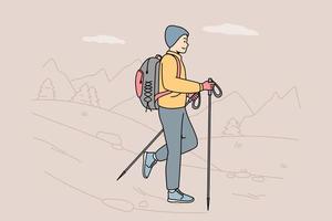 gars avec sac à dos, bâtons pour la marche nordique allant à la nature. homme engagé dans le camping, le tourisme, les voyages. voyage sac à dos. mode de vie sain et actif. illustration colorée de ligne de contour de vecteur. vecteur