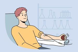 un jeune homme souriant assis sur une chaise à l'hôpital reçoit des médicaments avec un compte-gouttes. un patient masculin heureux en clinique reçoit un traitement ou des médicaments avec perfusion. illustration vectorielle. vecteur