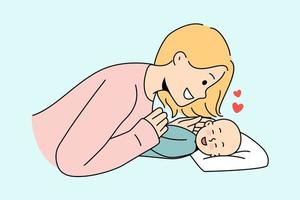 jeune mère souriante joue avec un joli bébé nouveau-né. maman heureuse câliner petit enfant bébé profiter de la maternité. notion parentale. illustration vectorielle. vecteur