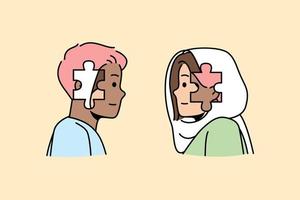 femme multiculturelle, homme essayant de se comprendre. un gars multiracial, une fille a une mentalité, des habitudes, un mode de vie, des valeurs, une éducation différents. sensibilisation, diversité. illustration de contour de vecteur. vecteur