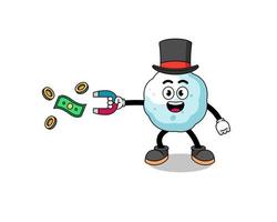 illustration de personnage de boule de neige attrapant de l'argent avec un aimant vecteur