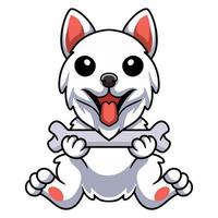 dessin animé mignon chien samoyède tenant un os vecteur