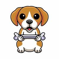 mignon petit dessin animé de chien beagle tenant un os vecteur