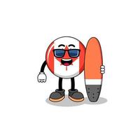caricature de mascotte du drapeau du canada en tant que surfeur vecteur