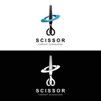 création de logo de ciseaux, illustration vectorielle icône d'outil de coupe autocollant bannière et marque de société de coiffeur vecteur