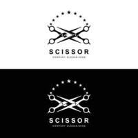 création de logo de ciseaux, illustration vectorielle icône d'outil de coupe autocollant bannière et marque de société de coiffeur vecteur