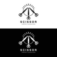 création de logo de ciseaux, illustration vectorielle icône d'outil de coupe autocollant bannière et marque de société de coiffeur vecteur