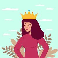 fille égoïste et concept de société. personnage de dessin animé de jeune femme arrogante debout avec la couronne au-dessus de la tête se sentant confiant illustration vectorielle vecteur