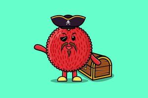 pirate de litchi de dessin animé mignon avec boîte au trésor vecteur