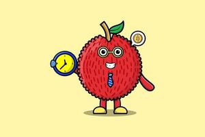 mignon, dessin animé, litchi, caractère, tenue, horloge vecteur