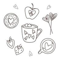 jeu d'illustration de nourriture doodle saint valentin. dessins vectoriels de chocolat chaud avec guimauves, beignet avec coeur, cappuccino, sucettes, pomme, fraise. 14 février eéléments de conception de cartes de voeux vecteur