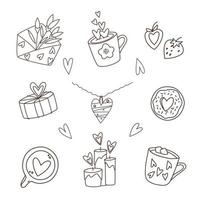 illustartion vectorielle de doodle de contour de la saint-valentin. ensemble d'éléments pour créer des conceptions de cartes de voeux du 14 février. bougies, collier coeur, beignet, coffret cadeau, enveloppe, fleurs, café, fraise. vecteur