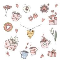 illustrations vectorielles de doodle de la saint-valentin. ensemble d'éléments de conception dessinés à la main pour les valentines, étiquettes cadeaux, cartes de voeux. café, tasses, beignet, collier, coeur, fleurs, enveloppe, fraise, bougies. vecteur