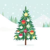 arbre de noël décoré avec des étoiles de noël, des lumières, des boules de décoration et des bonbons, une guirlande lumineuse. joyeux Noel et bonne année. notion de vacances vecteur