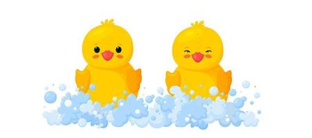 canards en caoutchouc dans de la mousse de savon avec des bulles isolées sur fond blanc. vue de face de jouets de caneton en plastique jaune dans la mousse. illustration vectorielle vecteur