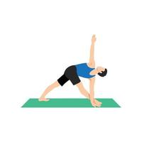 homme faisant un triangle de révolution pose l'exercice parivrtta trikonasana. illustration de vecteur plat isolé sur fond blanc