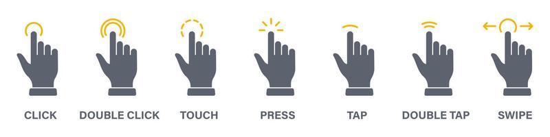 toucher du doigt de la main, glisser, cliquer, appuyer et appuyer sur le jeu d'icônes de silhouette. double-cliquez et appuyez sur le signe. geste glisser icône gauche et droite. illustration vectorielle isolée. vecteur