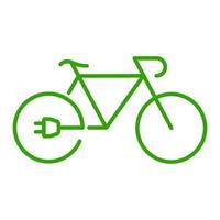 icône de ligne de vélo électrique. symbole de contour de vélo écologique d'énergie électrique verte. vélo eco electro power avec pictogramme linéaire de prise de charge. trait modifiable. illustration vectorielle isolée. vecteur