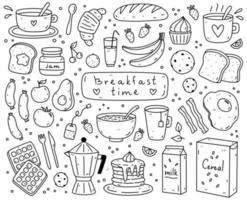 joli ensemble de plats pour le petit-déjeuner - œufs frits, bacon, toasts, saucisses, café, thé, flocons d'avoine, crêpes, flocons de céréales et autres. illustration vectorielle de doodle dessinés à la main. parfait pour les cartes, les décorations, le logo. vecteur