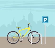 parking à vélos dans une rue de la ville. vélo moderne jaune au panneau de stationnement. illustration vectorielle dans un style plat. vecteur