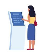 femme utilisant un terminal électronique de paiement et d'information en libre-service avec écran tactile. illustration vectorielle dans un style plat. vecteur