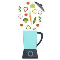 mixeur avec différents légumes. brocoli, poivron, tomate rouge, carotte, oignon, légumes verts. illustration vectorielle dans un style plat. vecteur