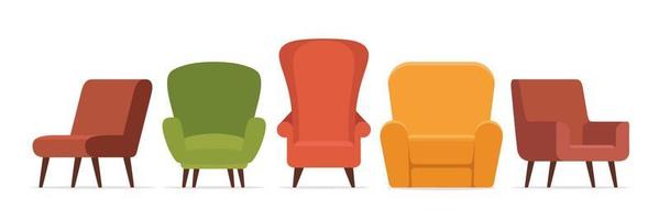 une ligne de fauteuils à la mode. fauteuils confortables. meubles moelleux pour le repos et la détente. publicité de magasin de meubles. décoration de la chambre, intérieur. illustration vectorielle. vecteur