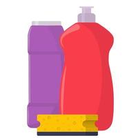 les flacons de lessive, lessive en poudre, lessive en poudre, savon liquide, liquide vaisselle, éponge de nettoyage. concept de services de nettoyage. illustration vectorielle, style plat, isolé. vecteur