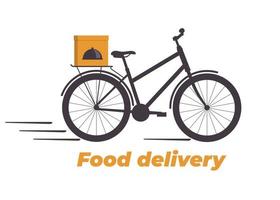 conception de livraison de nourriture. vélo avec boîte sur le coffre. logo du service de livraison de nourriture. livraison rapide. illustration vectorielle plane. vecteur