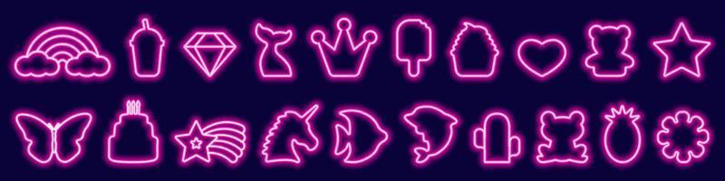 grand ensemble d'anniversaire fantaisie led, nourriture, cadres néon animal de couleur rose tendance. symboles et personnages lumineux, licorne, arc-en-ciel, papillon, couronne, étoile, gâteau. illustration vectorielle dans un style néon vecteur