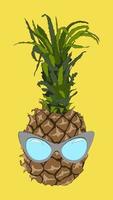 ananas hipster dans des lunettes de soleil de couleur grise ultimes sur un fond jaune éclairant. concept d'été - vacances élégantes, fruits exotiques et tropicaux juteux. illustration vectorielle de stock lumineux ensoleillé. vecteur