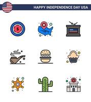 usa independance day plat rempli ligne ensemble de 9 pictogrammes usa d'american burger drum st pipe modifiable usa day vector design elements