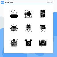 pack de 9 signes et symboles de glyphes solides modernes pour les supports d'impression Web tels que les connexions de données mondiales d'avatar éléments de conception vectoriels modifiables par la science vecteur