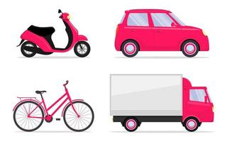 différents véhicules, ensemble. voiture, vélo, vélo, scooter, cyclomoteur, camion. icônes de transport. illustration vectorielle dans un style plat. vecteur