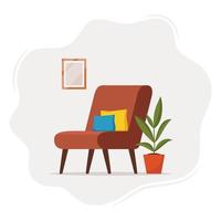 intérieur mignon avec fauteuil moderne, oreiller, plante, photo murale. conception de chambre confortable. intérieur du salon. illustration vectorielle de style plat. vecteur