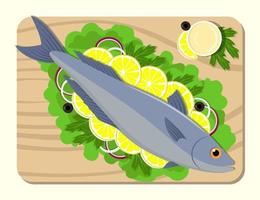 poisson sur une planche à découper avec tranches de citron, feuilles de laitue, oignon, sauce, persil. cuisson du saumon. illustration plate de vecteur. vecteur