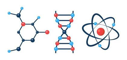 atome, molécule de substance organique, fragment de chaîne d'adn. ensemble d'icônes scientifiques. recherche chimique. concept d'expérience scientifique. illustration vectorielle. vecteur