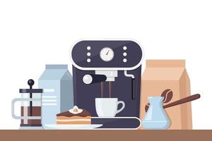 illustration de concept de temps de café. petit déjeuner matinal avec café et gâteau. machine à café, tasse, gâteau, lait, sucre. composition vectorielle pour bannière et documents imprimés. vecteur