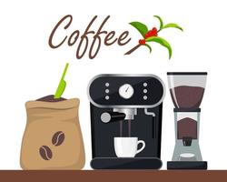illustration de conception de café ou de café avec machine à café, sac avec haricots, broyeur, tasse. branche d'arbre avec des feuilles et des baies de café. modèle de conception publicitaire, vecteur. vecteur