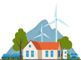 maison privée écologique moderne avec éoliennes et panneaux solaires. éoliennes, borne de recharge pour voitures électriques. concept d'énergie verte, illustration vectorielle. vecteur