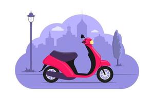 motocyclette mignonne sur fond de silhouette de ville. scooter rose sur fond monochrome violet. illustration de concept de vélo pour application ou site web. transports modernes. illustration vectorielle de style plat. vecteur