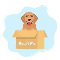 chien mignon dans une boîte en carton avec l'inscription adoptez-moi. adopter un animal de compagnie. mignon chiot sans abri en attente d'adoption. illustration vectorielle pour affiche de refuge pour animaux. vecteur